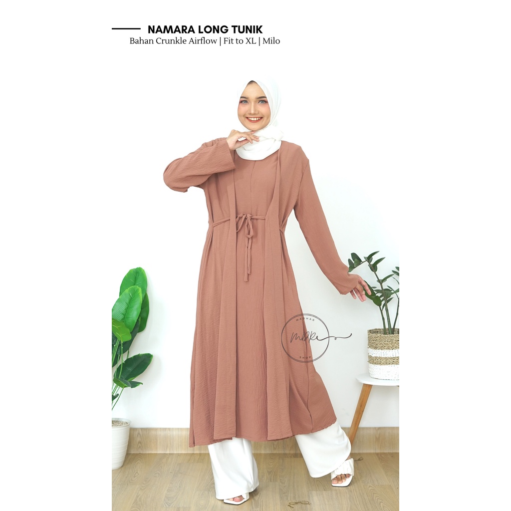 Namara Long Tunik  Crinkle  Jumbo polos model tali pinggang Busui Import Premium Fit to XL Ld 112Terbaru Kekinian