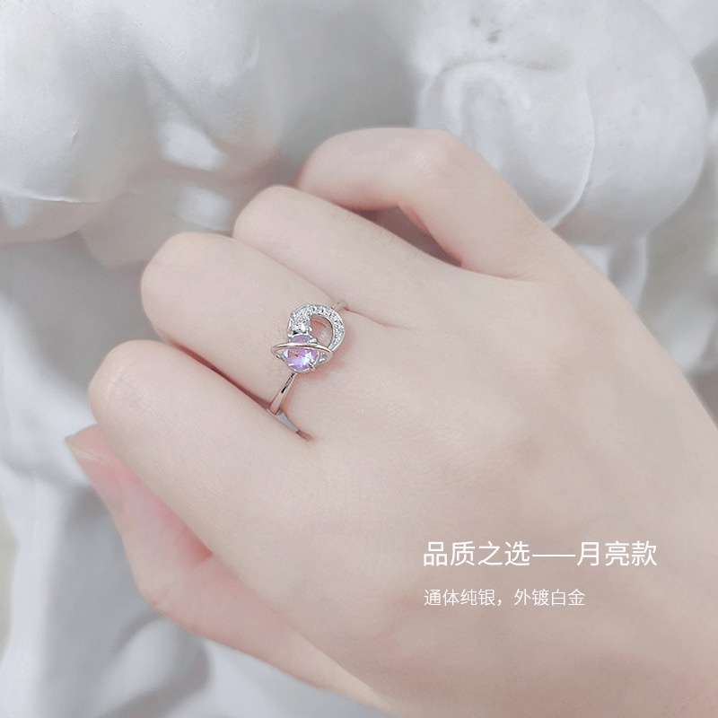 Cincin Jari Telunjuk S925 Silver Bentuk Bulan Bintang Dapat Disesuaikan Untuk Aksesoris Wanita