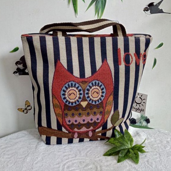 Tas tote bags mini owl love garis navy