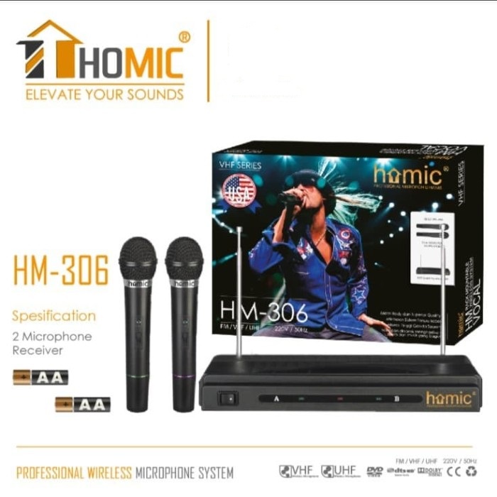 Homic Microphone Mic Double Wireless HM-306 Mikrofon Tanpa Kabel - isi 2 mic