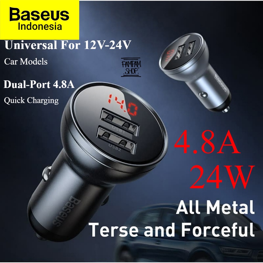 Baseus Car Charger 2 USB Digital Display 4.8A 24W Fast Charging Original Saver Casan Mobil Ori XiaoMi Samsung Oppo Vivo Dual USB Port