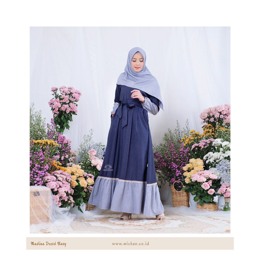 MADINA DRESS NAVY S || Gamis Syari Original by MICHAN