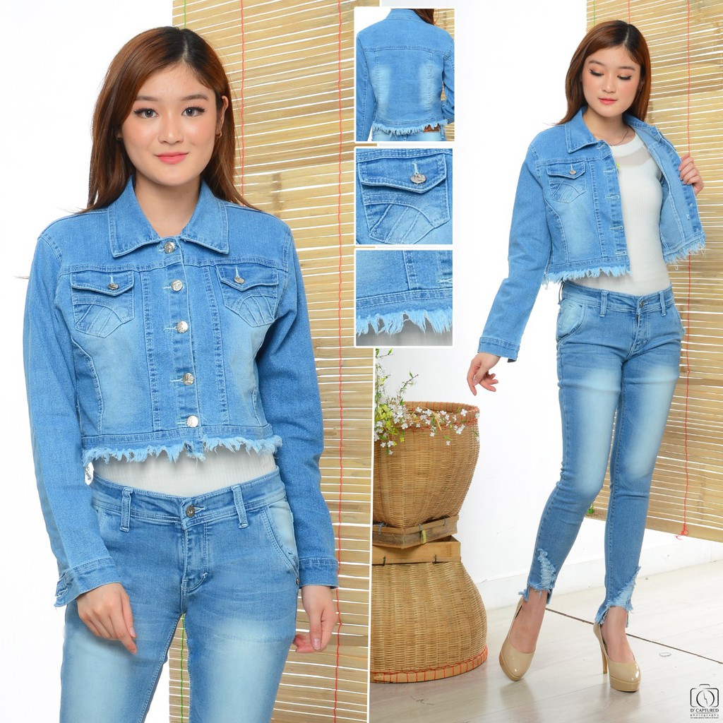 MC girl - Jaket Jeans Rawis Crop Rawis / Jaket Jeans Rumbai Wanita / Jaket Lepis Body Pendek Cewek / Jacket Denim