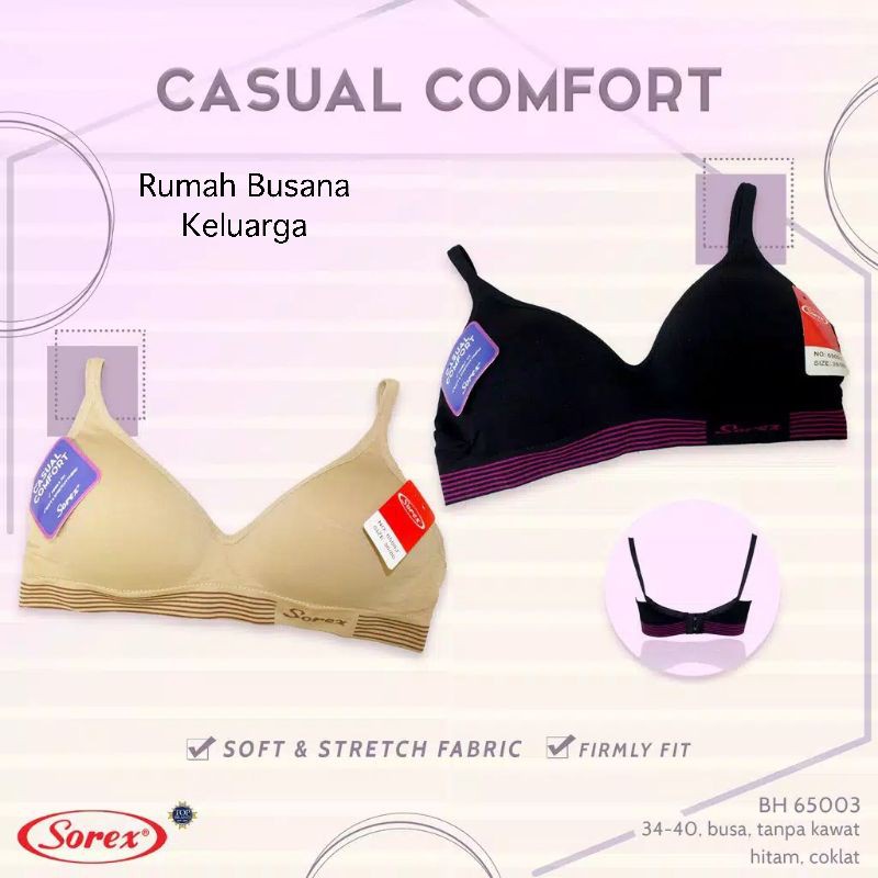 BH Sorex 65003 Sport Busa Tipis | Sorex Bra Casual Garis Tanpa Kawat | Sguna | Wanita Dewasa Perempuan Pakaian Dalam Underwear