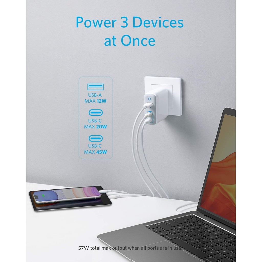 ANKER A2034 - PowerPort III - Wall Charger 3 Port - 65W Max - Charger 3 Port USB-C &amp; USB-A 65W MAX