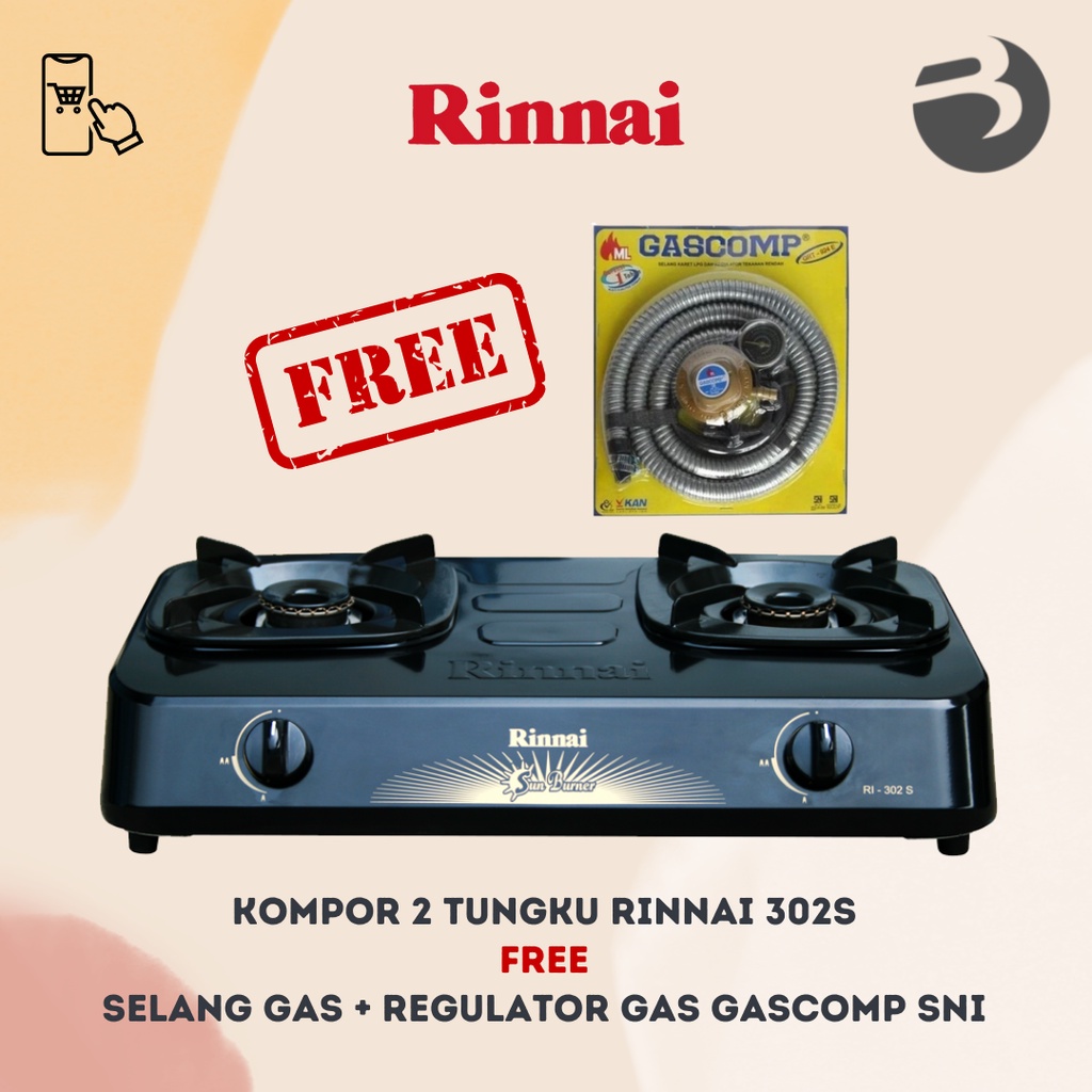 Kompor Gas Rinnai RI302S / RI 202S 2 TUNGKU + Selang Gas + Regulator Gas Gascomp SNI