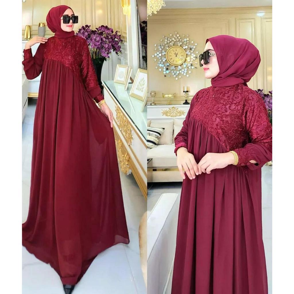 Baju Gamis Brukat Terbaru Gaun Pesta Muslimah Kekinian Shabira Maxy Gamis Wanita Bahan Ceruty Babydoll Mix Brukat OOTD Wanita Dewasa