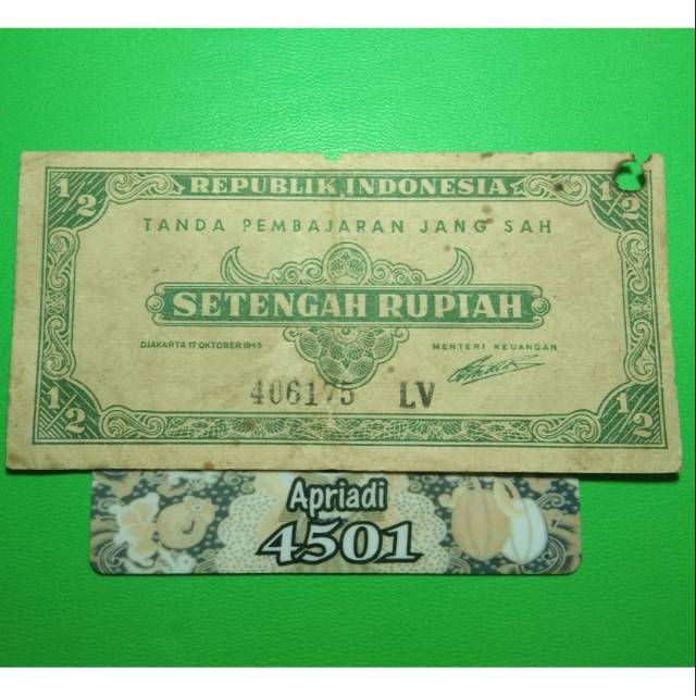 UK209 UANG KUNO ASLI 1/2 SETENGAH RUPIAH SERI ORI (OEANG REPUBLIK INDONESIA) TAHUN 1945 UANG LAMA #F
