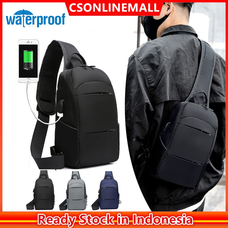 CSONLINEMALL Tas Selempang Dada Pria Dengan Port Charger Usb Untuk Travel Outdoor