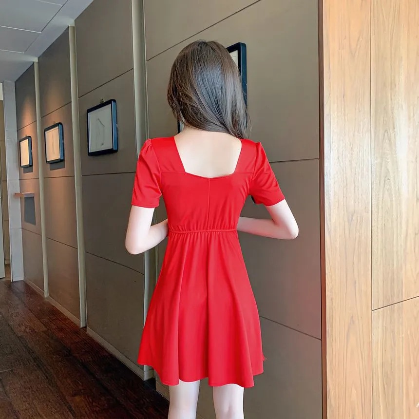 Korean Short Sleeve Square Neck Mini Dress Wanita Lengan Pendek 1405 (S/M/L/XL)