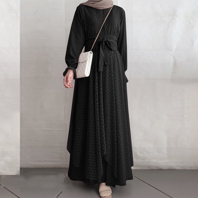 ZANZEA Women Casual Fashion Long Sleeve Lace Patchwork O-Neck Loose Muslim Maxi Dress