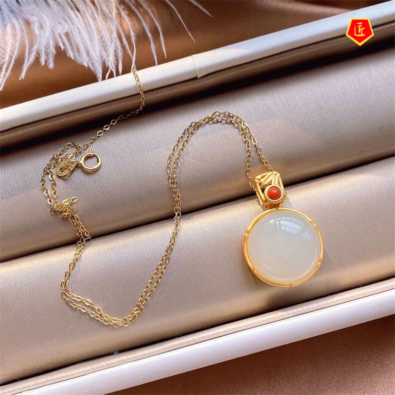 [Ready Stock]Gold Inlaid with Jade round Plate Pendant Chinese Style Classical Retro