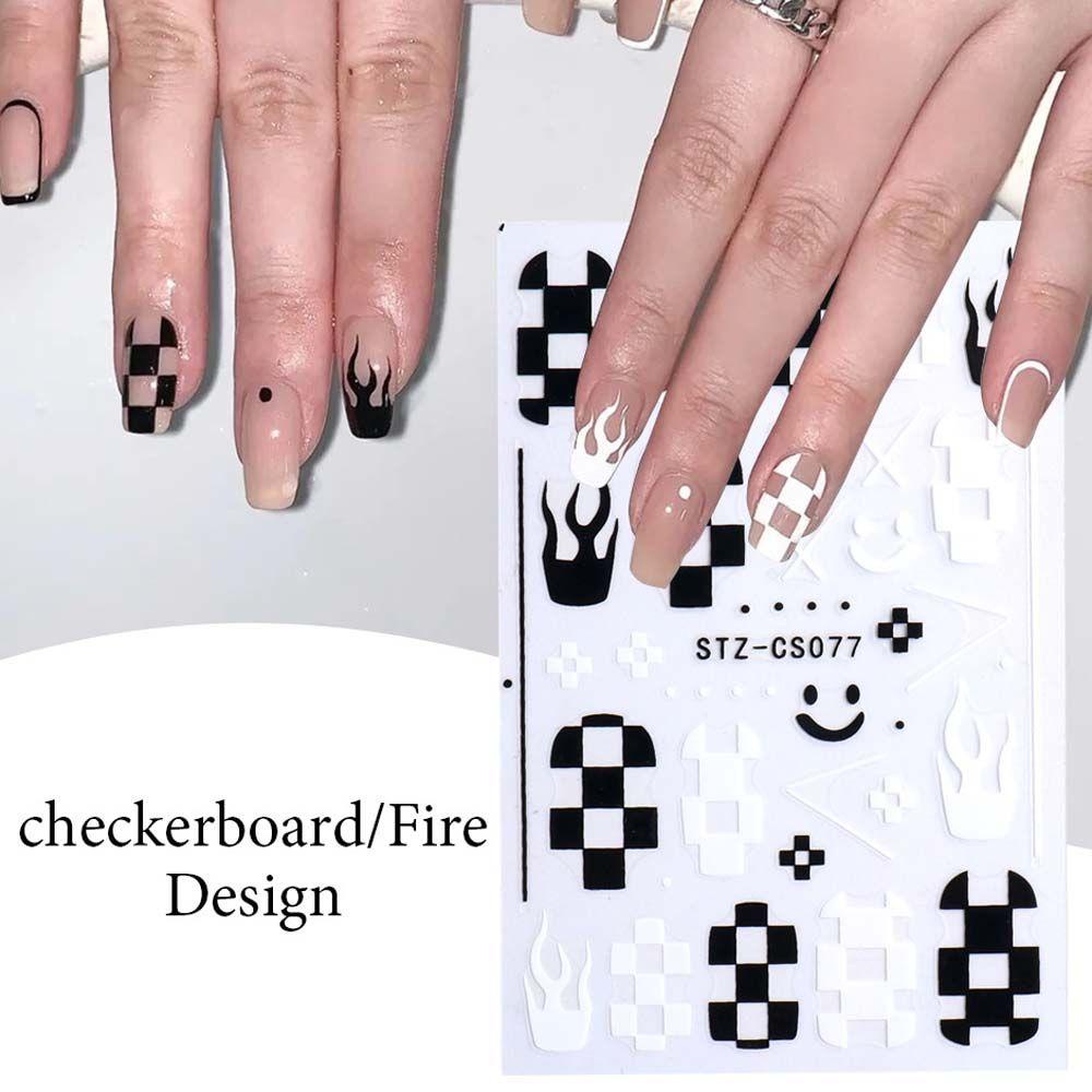 Mxbeauty Stiker Kuku Motif Kotak-Kotak / Bulan / Bintang 3D Warna Hitam / Putih Untuk Nail Art DIY