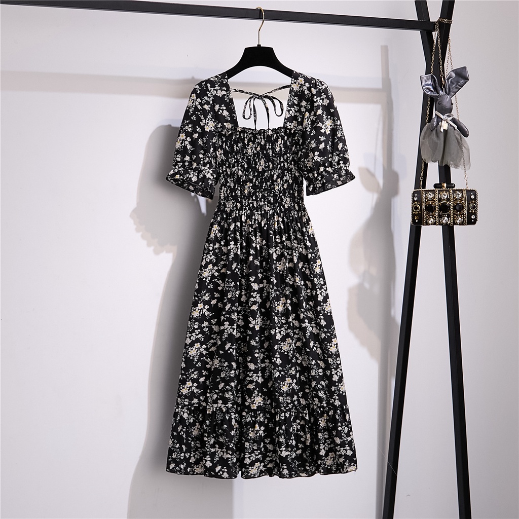 COD New 2022 Hitam Floral Midi Dress Korea Style Pantai Baju Dress Wanita Baju Pesta Gaun 2023 Dada Lipit Musim Panas