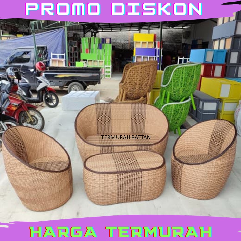 Set Kursi Tamu Gentong Sofa Oval Anyaman Furniture Mebel Rotan Sintetis Termurah