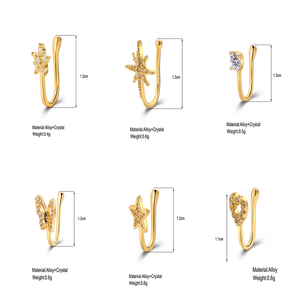YEEZII Anting Stud Klip Hidung Palsu Bentuk U Bintang Hati Aksen Berlian Bahan Tembaga Untuk Aksesoris Wanita