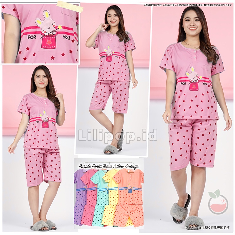 Lilipop.id  Baju Tidur Wanita 3/4 ALL SIZE STANDAR Magic Rabbit Setelan Piyama BabyDoll Kaos Celana Pendek