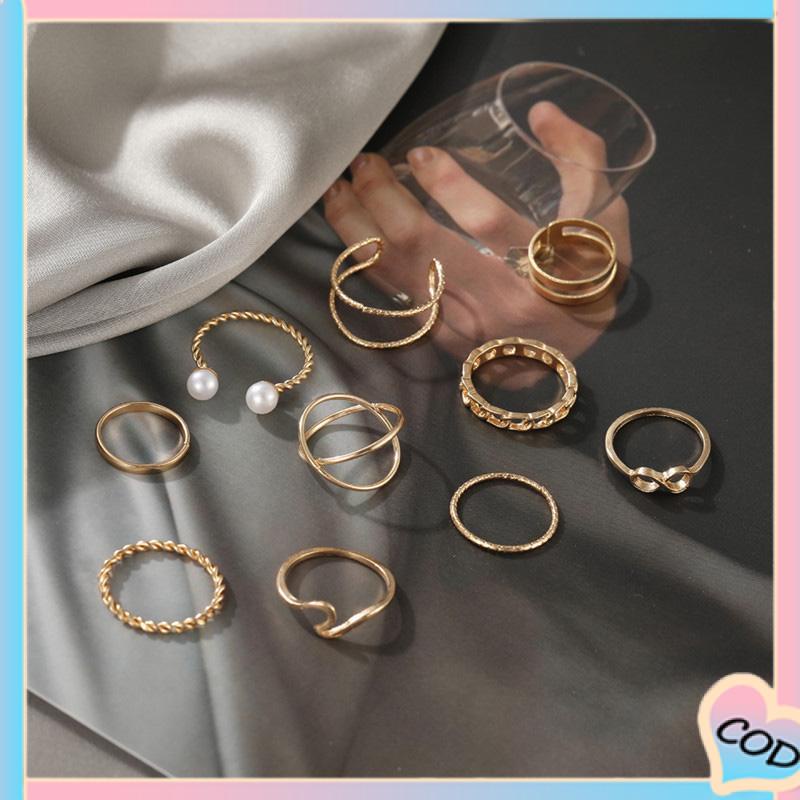 COD❤️10 Buah Set Wanita Kreatif Sederhana Manik-manik Ganda Cincin Gabungan Geometri Gelombang Mutiara-A.one