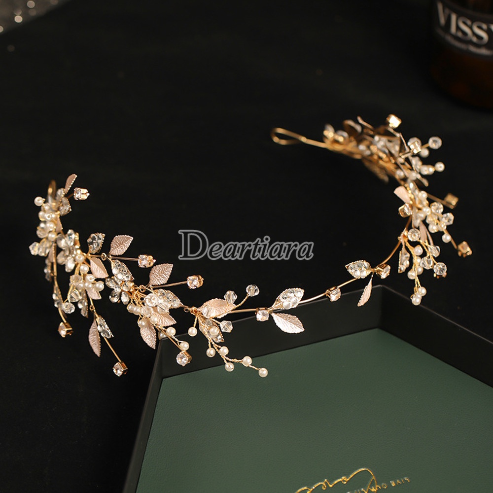 Original Bridal Headgear European and American Leaf Crystal Headband Earrings Set