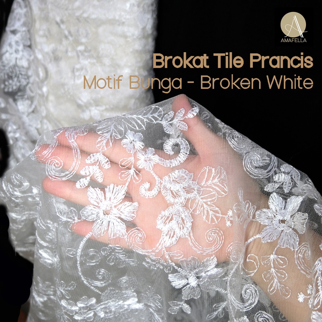 1/2 meter Kain Brokat Tile Prancis Motif Bunga Broken White