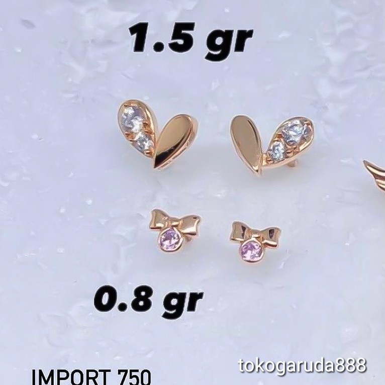 Anting duduk anak dan dewasa emas asli kadar 750 75% 22 17k love as sayap pita hati giwang kerabu paku cucuk stud