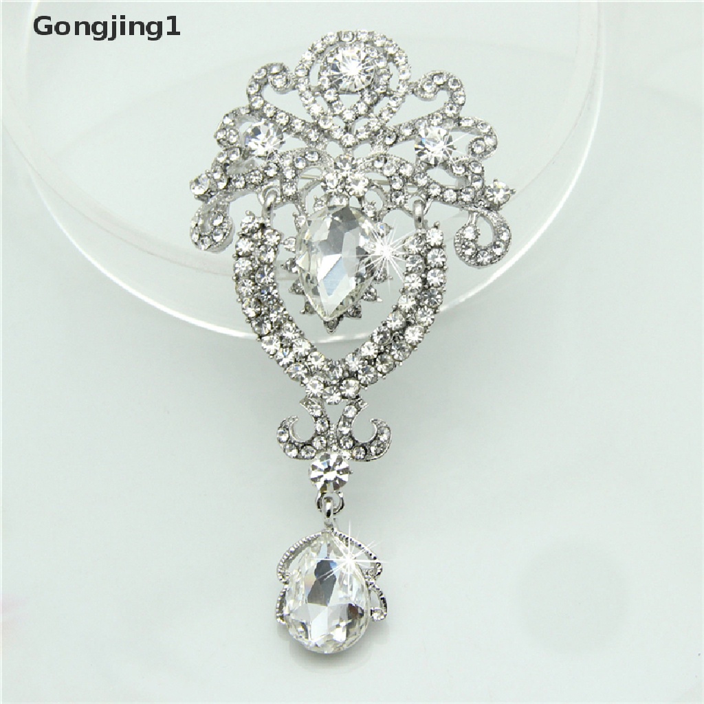 Gongjing1 Bros Pin Silver Wanita Desain Bunga Besar Hias Kristal Berlian Imitasi Untuk Pernikahan