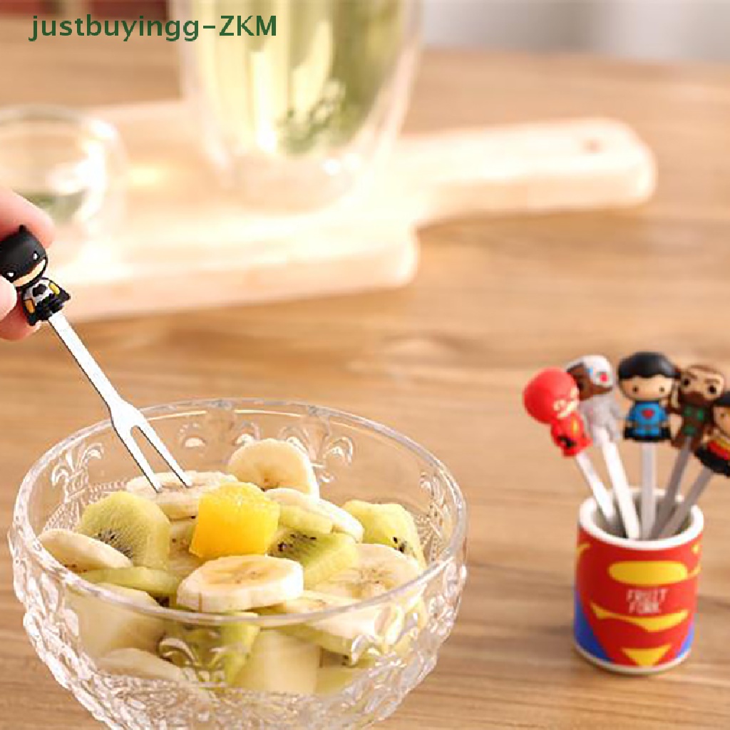 6 Pcs / Set Garpu Buah / Dessert Bahan Stainless Steel Desain Kartun Hero Dengan Holder