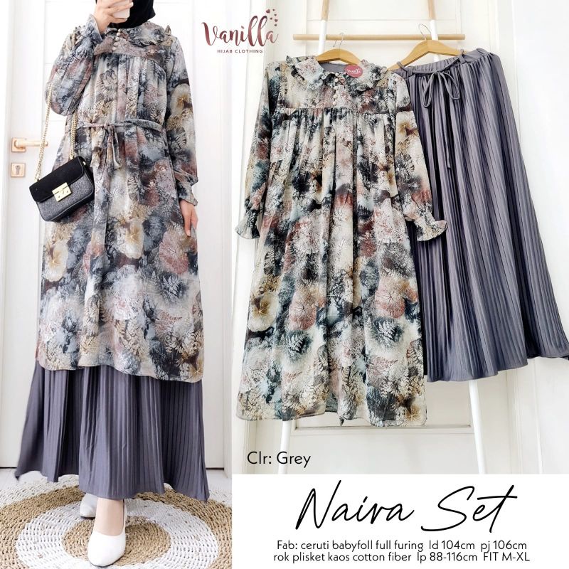 SET TUNIK CERUTI BABYDOLL MOTIF BUNGA + ROK PLISKET KATUN NAIRA SET BY VANILLA