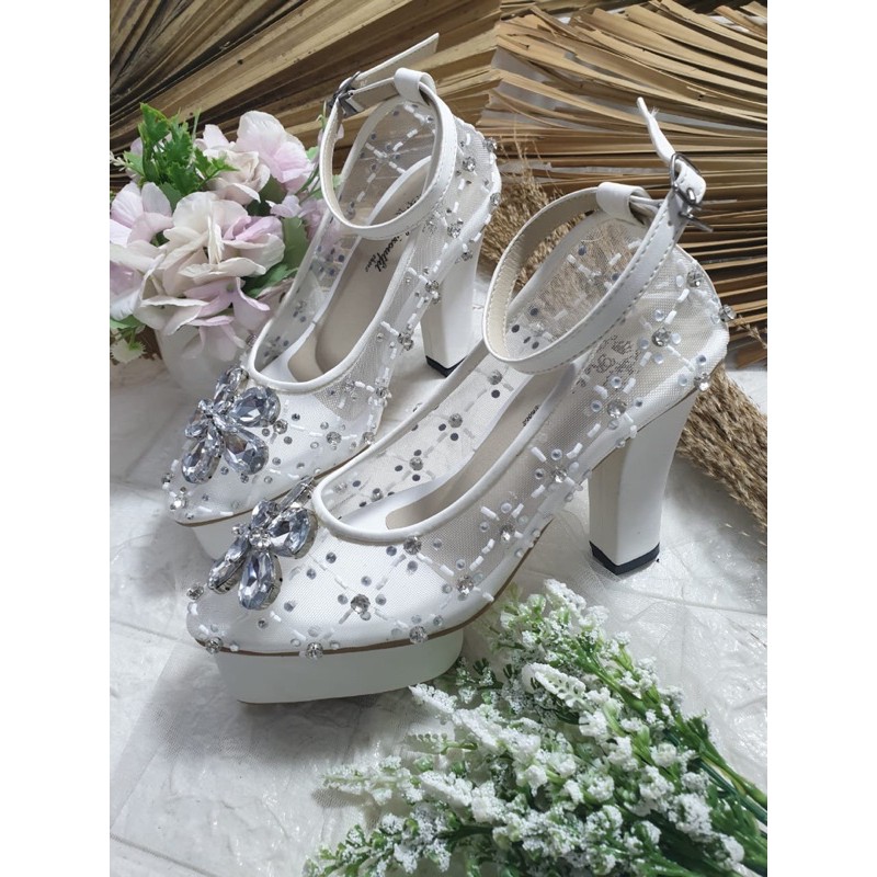sepatu merrisna putih tali diamont cantik dan mewah 10cm