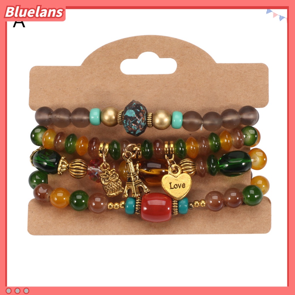 4pcs / Set Gelang Tali Elastis Liontin Burung Hantu Menara Eiffel Gaya Bohemia Untuk Wanita