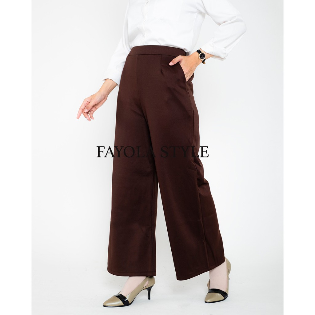 FAYOLASTYLE Celana Kulot Scuba Wanita Bawahan Kulot Jumbo Korea Panjang Brown