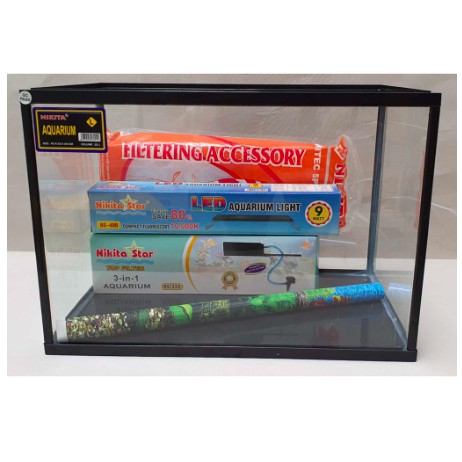 Paket aquarium Nikita Triset L dengan lampu atas LED.