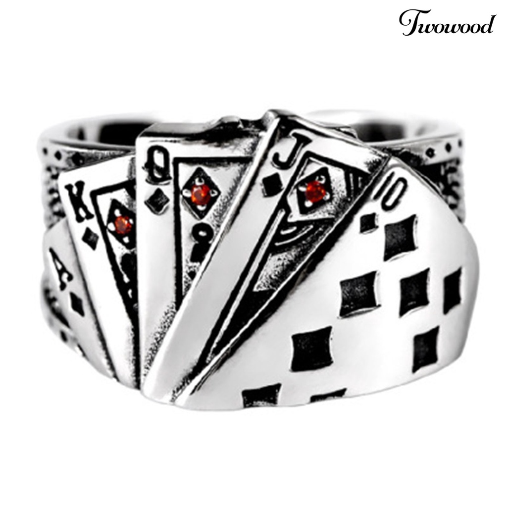 Cincin Model Terbuka Adjustable Desain Kartu Poker Lapis Silver Gaya Punk Untuk Pria