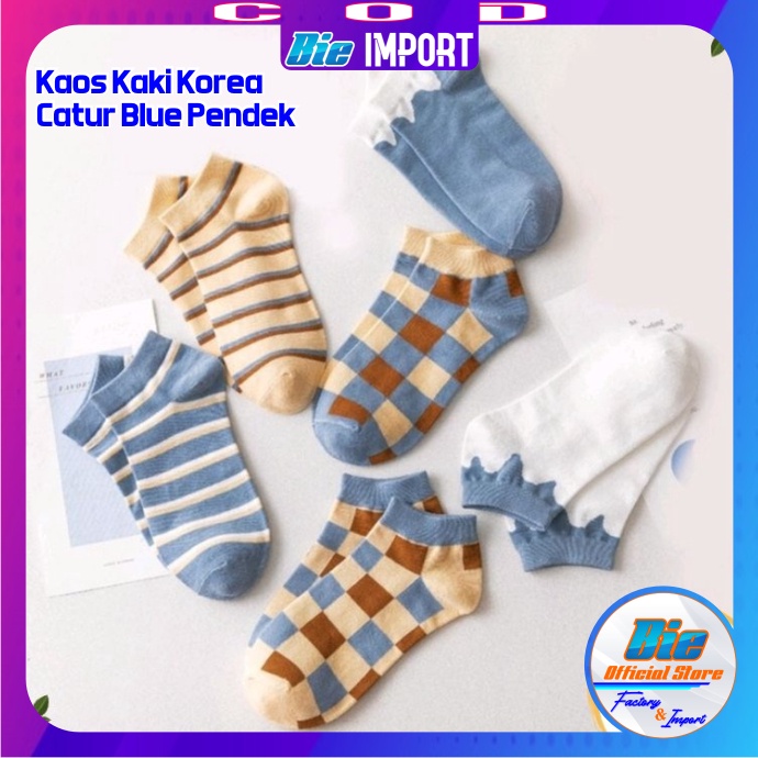 Kaos Kaki Korea Wanita Motif Catur Blue Pendek Impor Best Seller