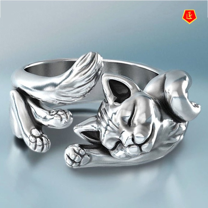 [Ready Stock]925 Retro Silver Black Cat Totem Ring Fashion Personality