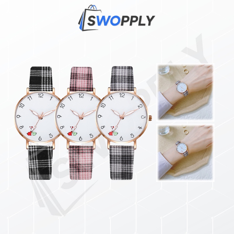 Swopply - J185 Jam Tangan Analog Watch Wanita Strap Kotak Kotak Korean Style