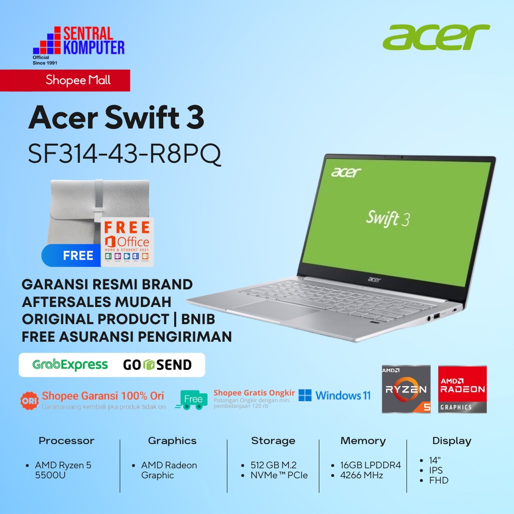 Jual Acer Swift 3 SF314-43 Ryzen 5 5500U-16GB-512GB SSD-WIn 11 - OHS ...