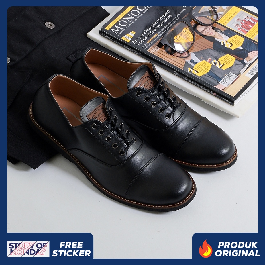 OXFORD BLACK ORIGINAL x MONDAY Sepatu Formal Hitam Tali Pria Pantofel Kerja Kantor Dinas Resmi Guru Kantoran Pesta Pernikahan Kondangan Nikah Undangan Wedding Wisuda Kuliah Casual Derby Semi Kulit Premium Footwear Big Size Jumbo Ukuran Besar 44 45 Keren