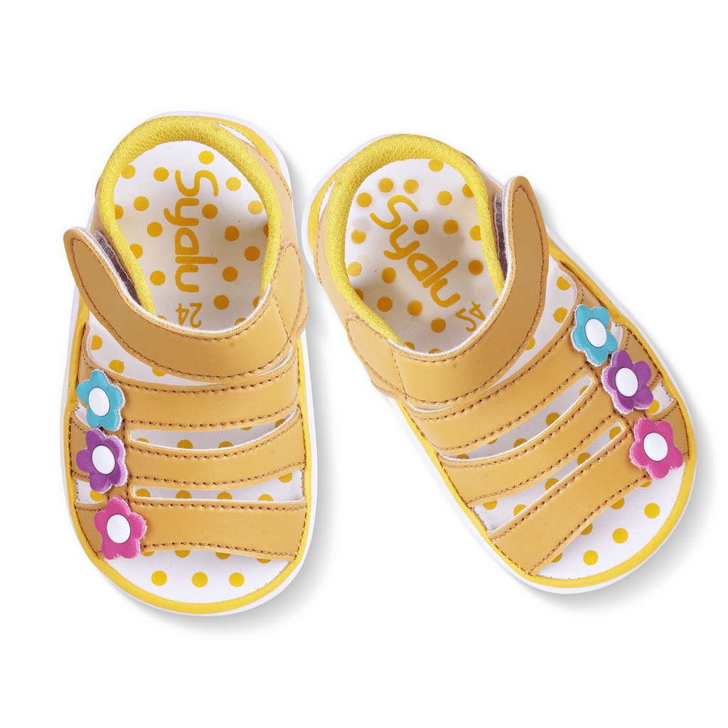 Sepatu Anak Perempuan Bunyi Model Bunga 3 Warna Kuning DS03