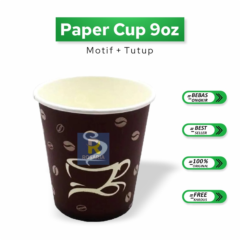 Paper Cup 9 oz Gelas Kertas Kopi Tahan Panas Motif + Tutup