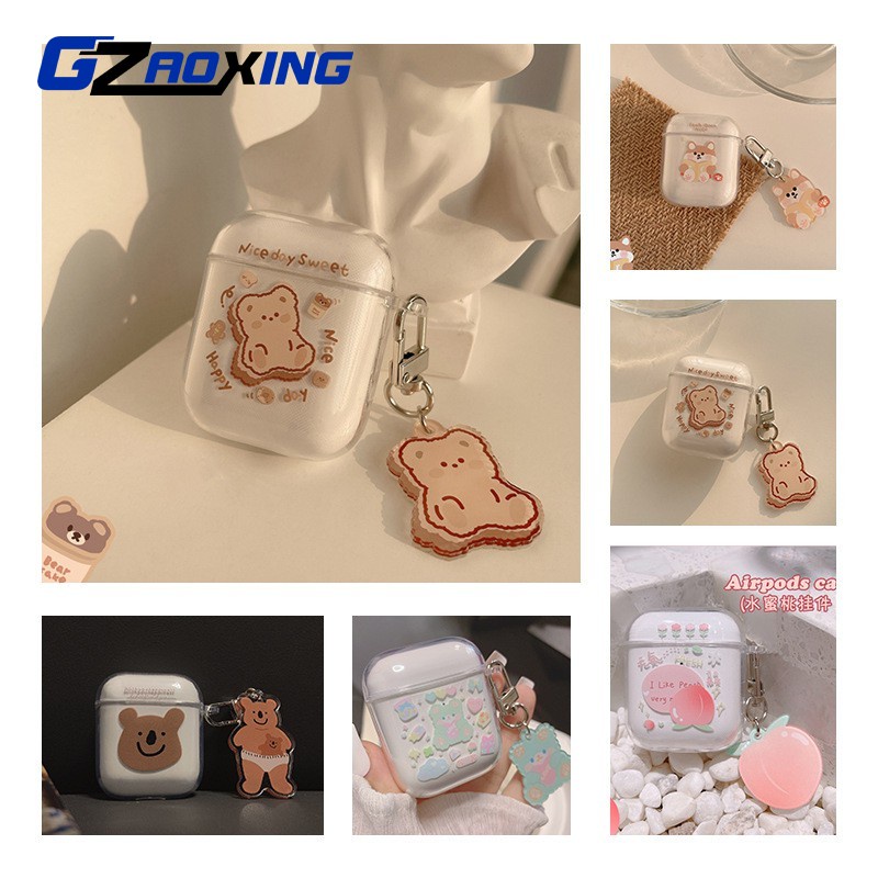 Casing Transparan Beruang Anjing Lucu Dengan Gantungan Kunci Untuk Airpods1 2 Pro3 Bluetooth Earphone Pelindung TPU Soft Cover