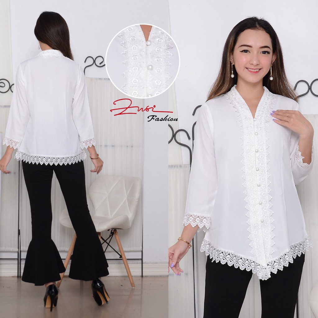 ATASAN KEBAYA MADELINE PUTIH 2028 BW TANGAN PANJANG 7/8 UKURAN S - XL DAN JUMBO 2L - 5L