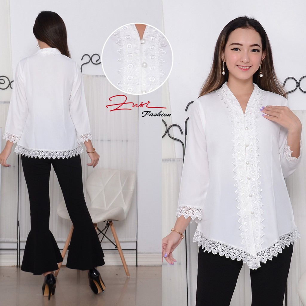 ATASAN KEBAYA MADELINE PUTIH 2028 BW TANGAN PANJANG 7/8 UKURAN S - XL DAN JUMBO 2L - 5L