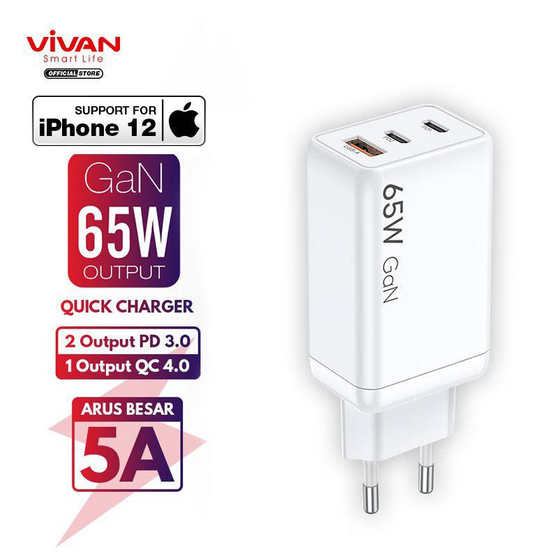 Charger VIVAN GaN01 65W 5A 3 Output PD QC3.0 QC4.0 Port Quick Charge - Garansi Resmi 1 Tahun