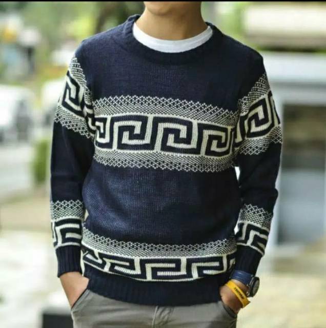 SN - Sweater Rajut labirin gradasi Tribal navy