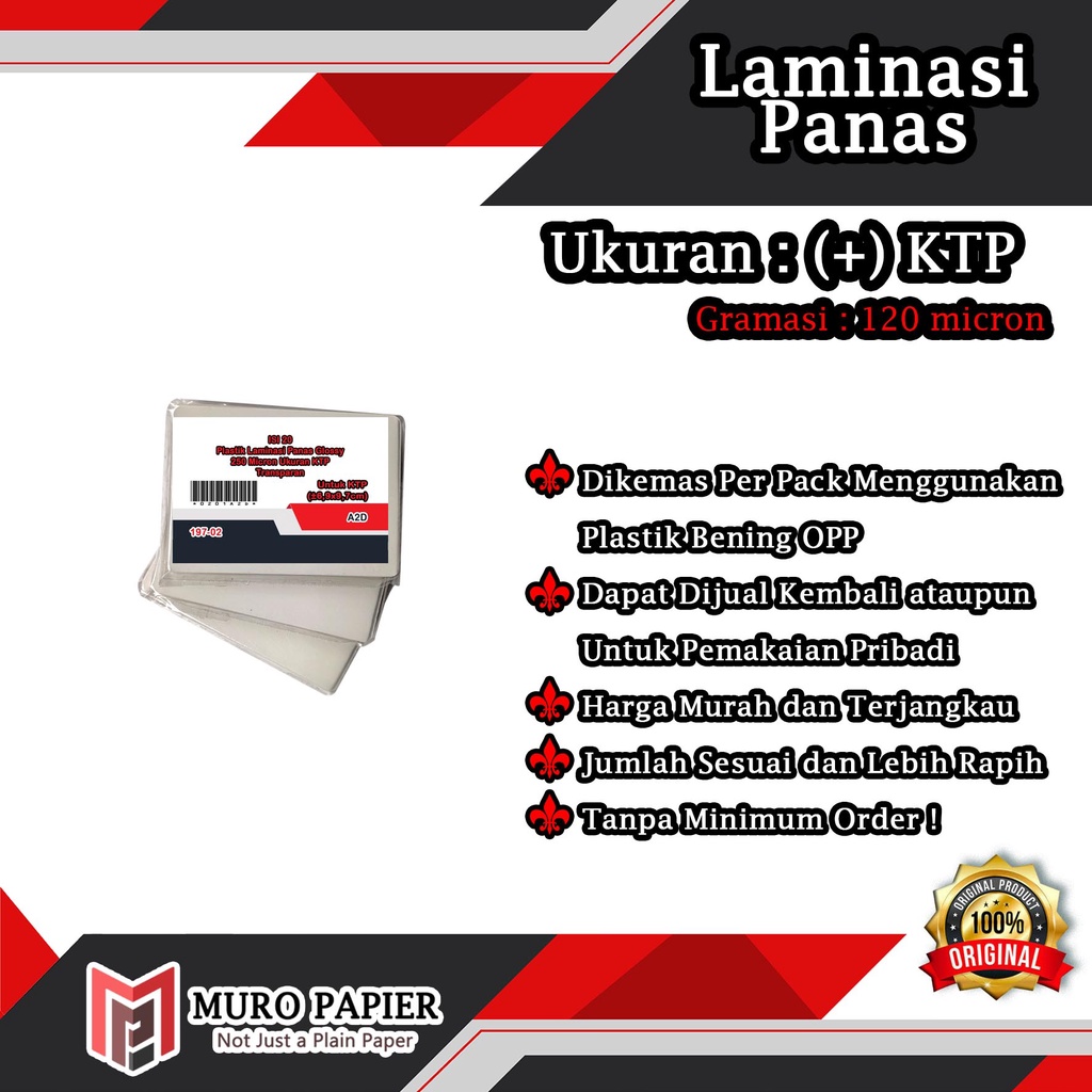 

( PER PAK - ISI 20 ) Plastik Laminasi Panas 100 dan 250 Micron Ukuran KTP - by Muro Papier