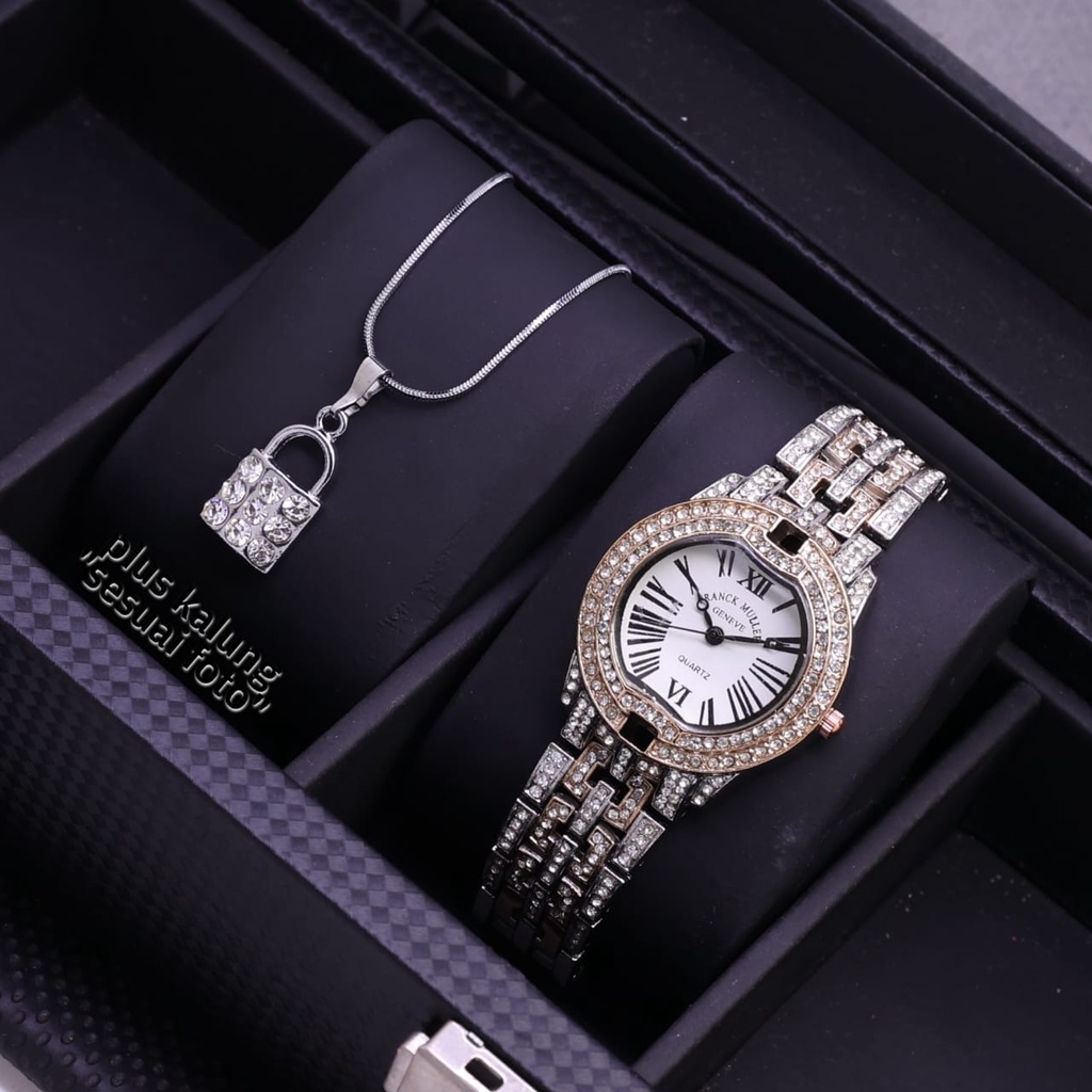 Jam Tangan Wanita L3602S Tali Rantai Case Permata Free Box Kalung &amp; Baterai