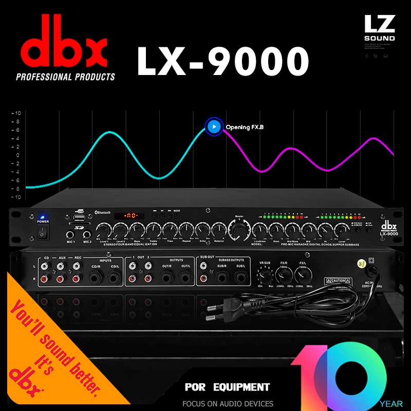Efek Vokal DBX LX-9000 murah One-key anti-whistling DSP reverb effect Built-in Bluetooth 5-channel microphone input Supports USB playback audio Subwoofer output interface XLR/6.35mm interface compatible with various audio devices