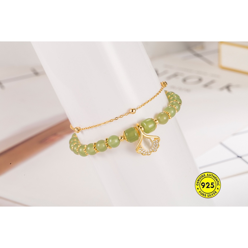 Gelang Tangan Rantai Lapis Emas 18K Aksen Daun Ginkgo Jade Untuk Wanita