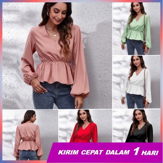 Super66/ Blouse Lengan Panjang/ Blouse V-neck/ Blouse Lengan Balon/ Blouse Korean Style